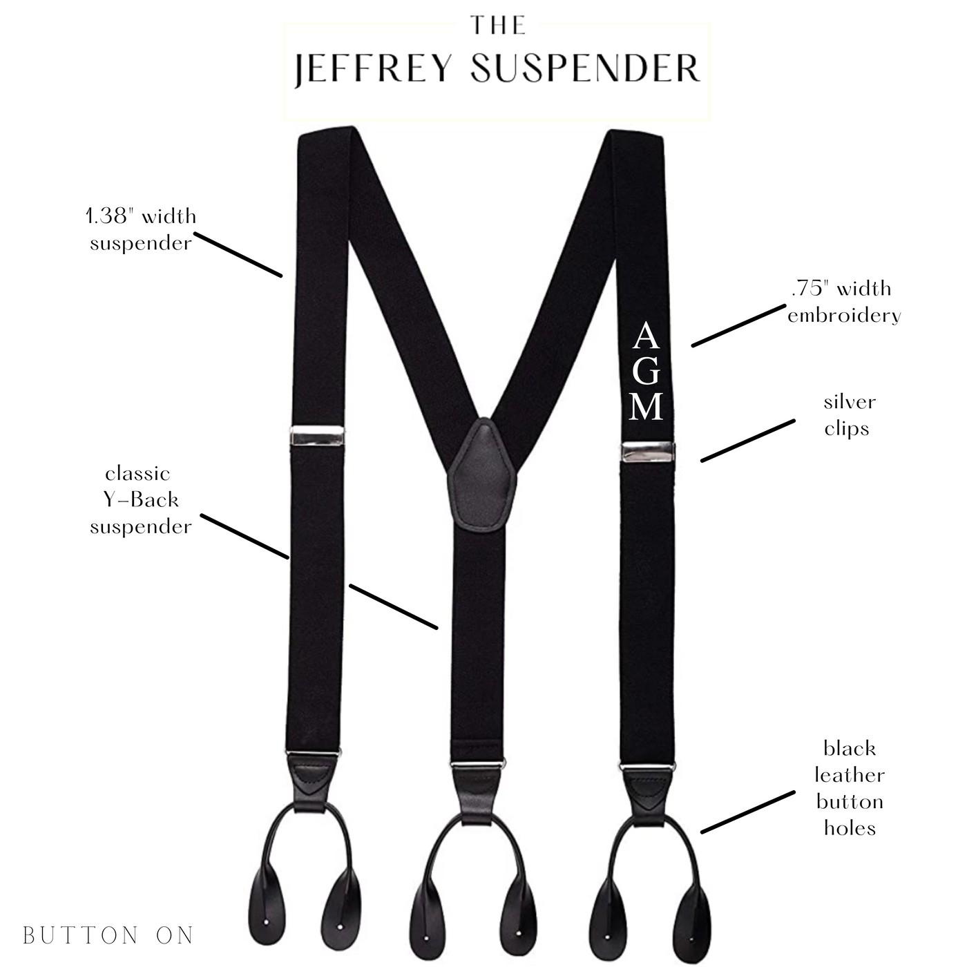 monogram suspender chart with size description