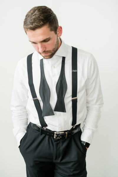 man wearing monogram suspender with embroidery
