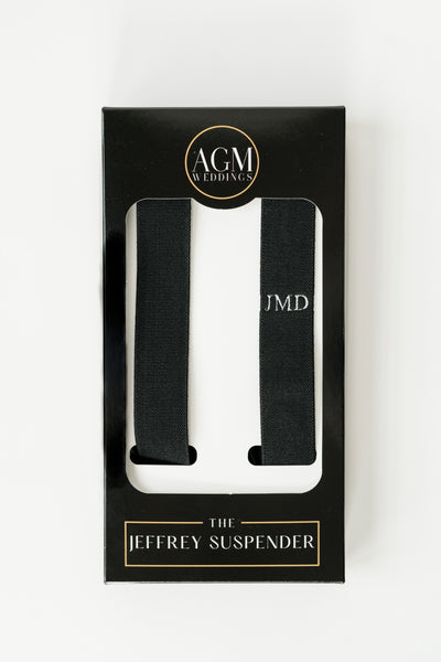 black custom gift box with monogram suspender